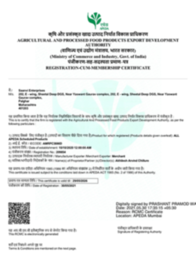 APEDA Certificate first page