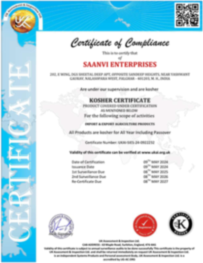 Kosher Certificate first page